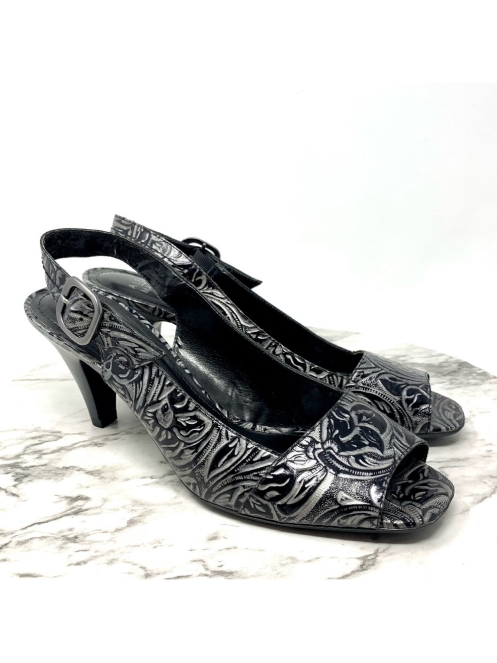 Alex Marie Embossed Open Toe Metallic Slingback Pumps 10 Comfy Classic Cocktail